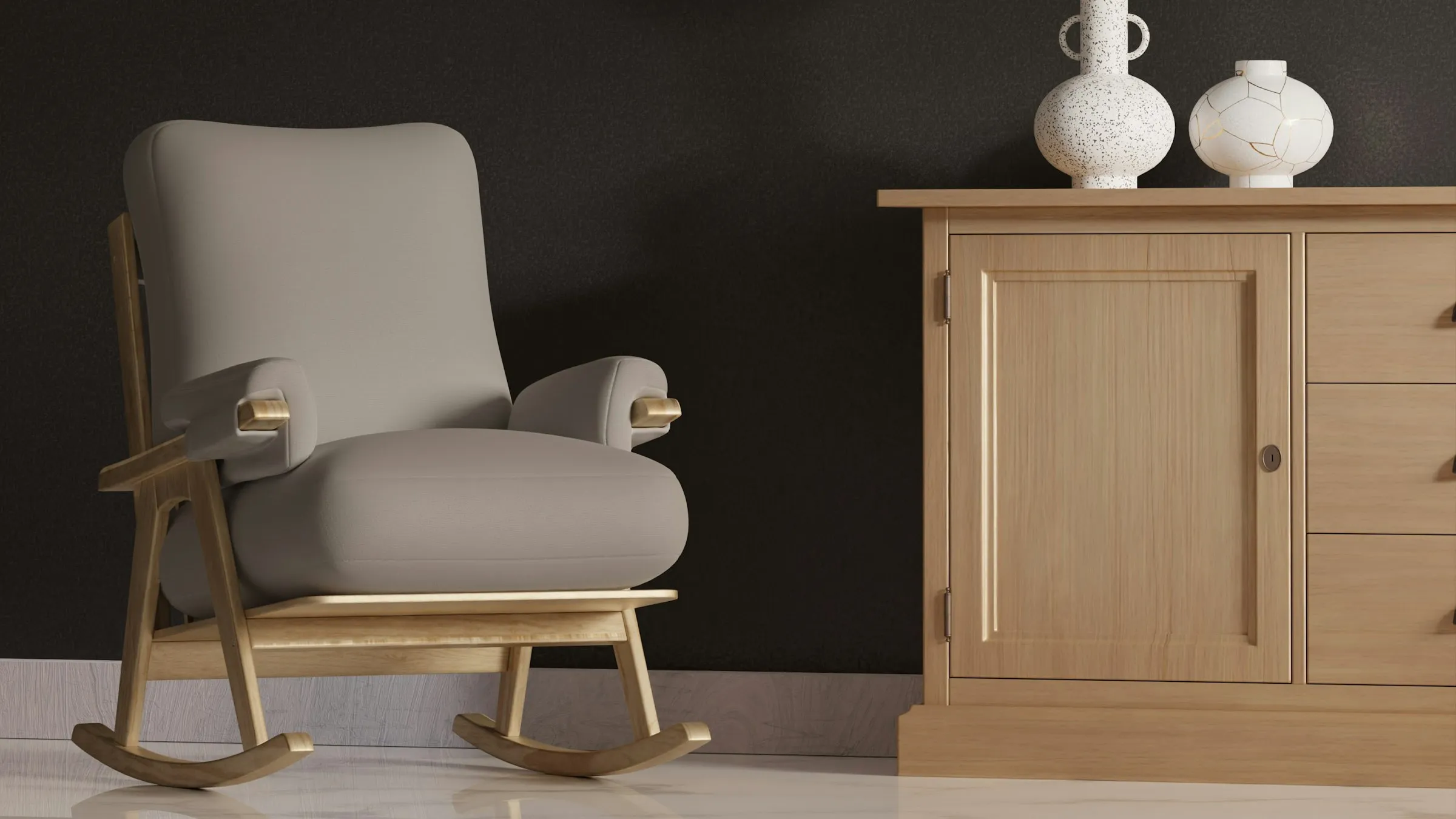 A wooden dresser with a vase on top, beside a chair