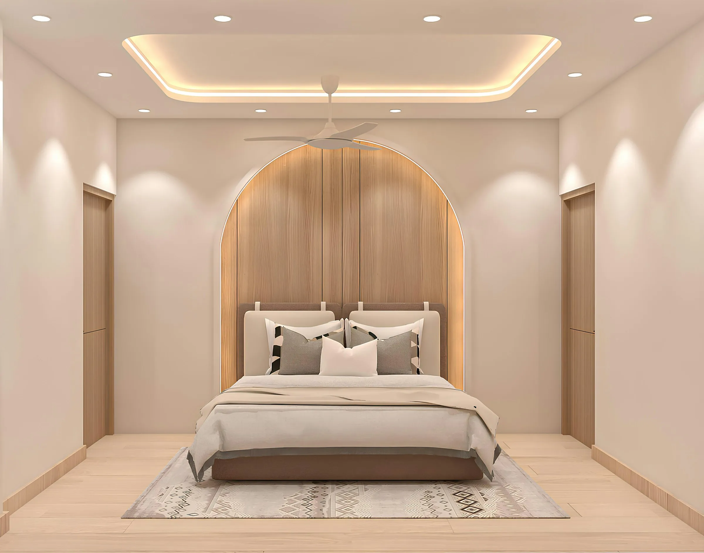 A bedroom in neutral tones with a low upholstered bed